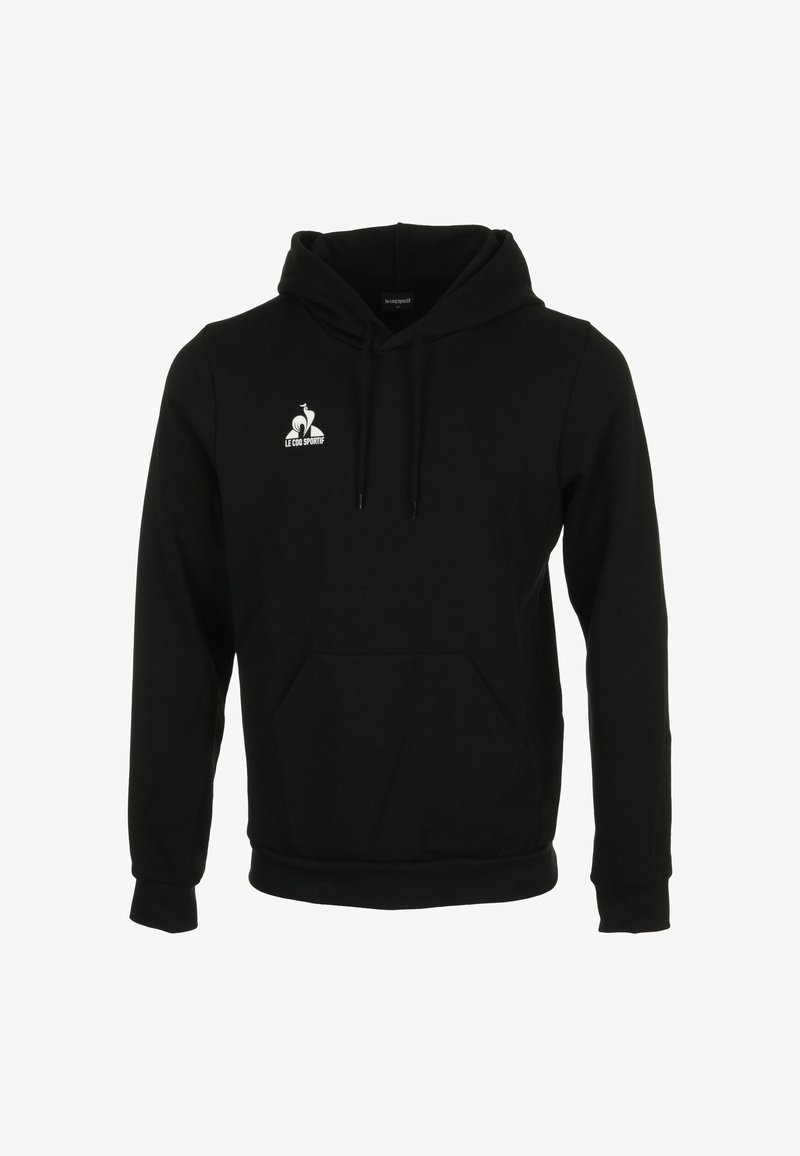 Hoodie noir en mélange de coton, avec une poche kangourou à l'avant, une capuche avec cordon de serrage, et un logo blanc sur la poitrine à gauche.