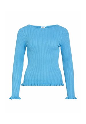 Pull à manches longues bleu clair côtelé avec un col rond et des bords froncés aux poignets et à l'ourlet.