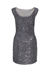Abito senza maniche con paillettes argento, lunghezza al ginocchio, scollo rotondo e silhouette aderente.