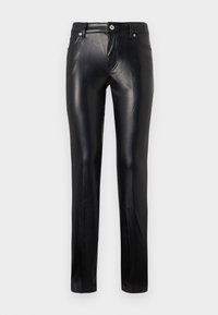 Zwarte leren broek met rechte pijpen, voorzien van een knoop en ritssluiting aan de voorkant, riemlussen en zijzakken, gepresenteerd op een witte achtergrond.