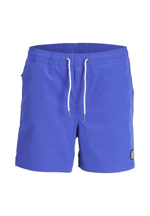 Shorts de bain bleus en tissu léger, avec une taille élastique dotée de cordons blancs, despoches latérales et un écusson logo.