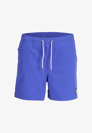 Blue swim shorts made of lightweight fabric, featuring an elastic waistband with white drawstrings, side pockets, and a logo patch.