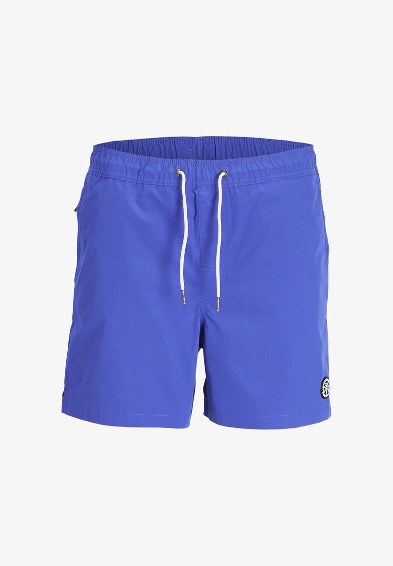 Blå svømmedragter lavet af letvægtsstof, med elastisk talje og hvide snore, sidelommer og et logo-patch.