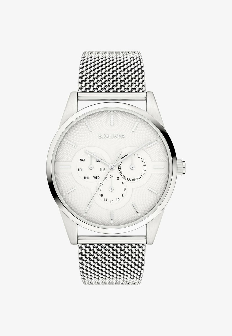 Silver metal mesh strap watch with white textured dial, three subdials showing day, date, and 24-hour time, and silver hour markers and hands.