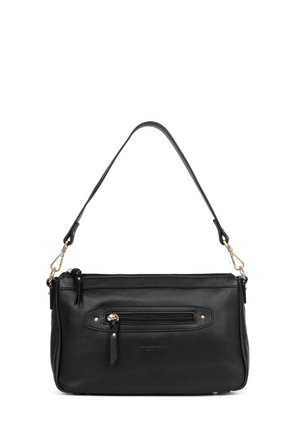 Sac épaule en cuir noir avec une poche zippée à l'avant, des ferrures dorées et une seule sangle avec attaches à clip.
