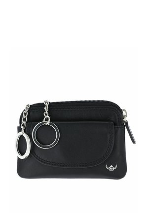 Black leather coin purse with front flap pocket, two silver key rings on chains, and zipper closure.