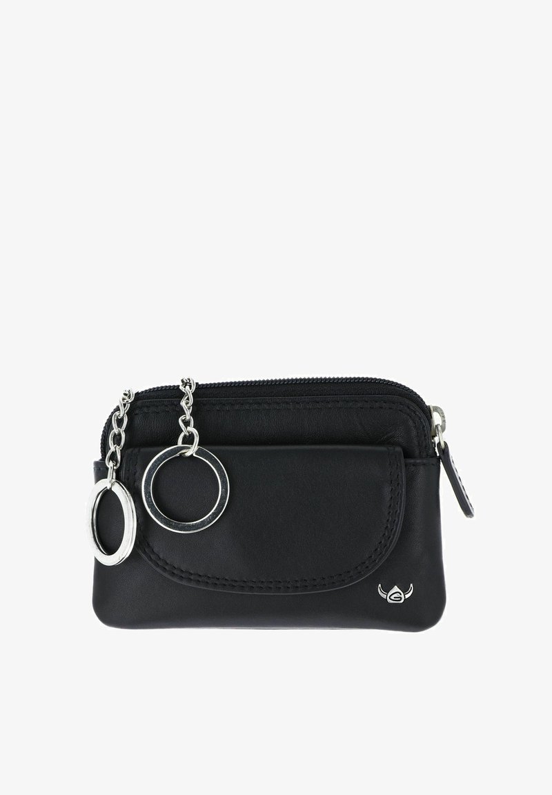 Porte-monnaie en cuir noir avec poche avant à rabat, deux anneaux porte-clés argentés sur chaînes et fermeture éclair.