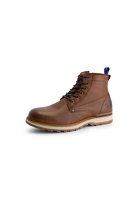 Bruin leren enkellaars met ronde neus, gestikte details, blauwe accenten op de grepen, en een geprofileerde rubberen zool voor grip.