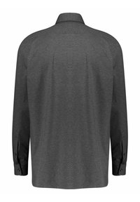 Langärmliges Hemd aus dunkelgrauem Stoff, mit klassischem Kragen, geknöpften Manschetten und glatter Textur in schlichtem Design.