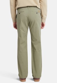 Pantalones de algodón verde claro con un diseño de pierna recta. Cuenta con dos bolsillos traseros con botones y una etiqueta de marca sutil en la cintura.