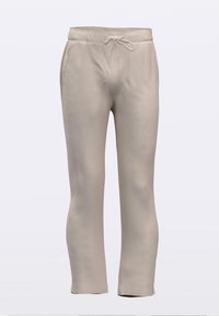 Pantalon de survêtement beige clair avec une taille élastique, un cordon de serrage et une coupe décontractée. Texture douce, design à jambes droites, sans motifs ni accents visibles.