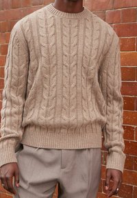 Pull beige en maille torsadée avec un col rond et des poignets et ourlet côtelés. Porté avec un pantalon gris clair, mettant en valeur un motif texturé.