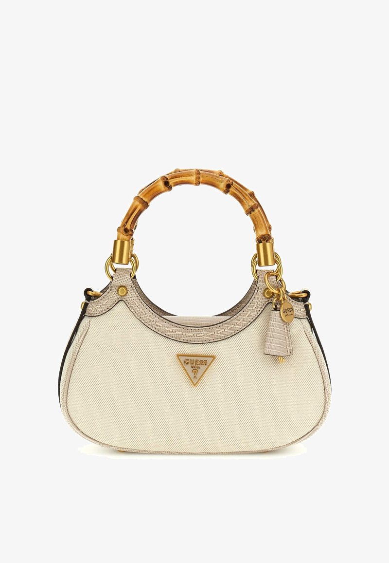 Beez kohalise tekstuuriga käekott, millel on bambusest käepide, kuldne riistvara ja kolmnurkne logo. Kott on mustrilise ülaosa ja elegantse kujuga.