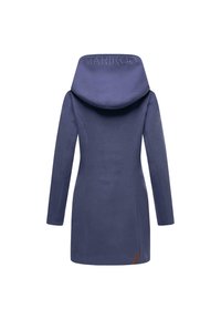 Dark blue coat with a high collar and oversized hood. Features long sleeves, a fitted design, and a subtle leather accent at the hem.