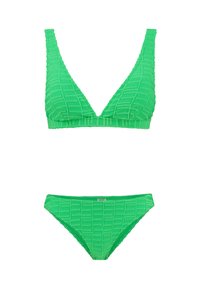 Grünes Bikini-Set mit strukturiertem, geripptem Design, das ein Triangel-Bralette-Oberteil und passende Low-Rise-Hosen umfasst. Beide Teile verfügen über dünne Träger.
