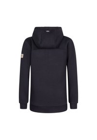 Marineblauer Kapuzenpullover aus strukturiertem Stoff, mit gerippten Bündchen und Saum sowie einem Etikett am linken Arm. Hat ein schlichtes, minimalistisches Design.