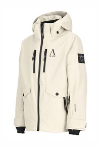 Beige wasserdichte Jacke mit schwarzen Akzenten, zwei Fronttaschen, verstellbarer Kapuze und Logodetails. Verfügt über Reißverschlüsse und Knopfverschlüsse.