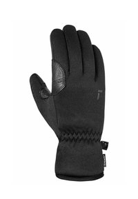 Schwarzer Stoffhandschuh mit einer strukturierten Lederhandfläche und schmalem Handgelenk, ausgestattet mit genähten Akzenten und einem Ziehband für einfaches Anziehen.