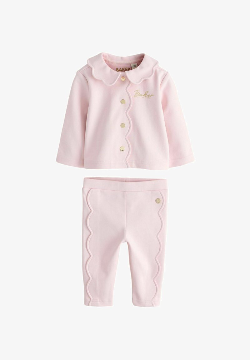 Rosa Kinder-Set mit Jacke im Bogenkragen-Design, goldenen Knöpfen und passenden Leggings mit Bogenkante, hergestellt aus weichem, dehnbarem Stoff.