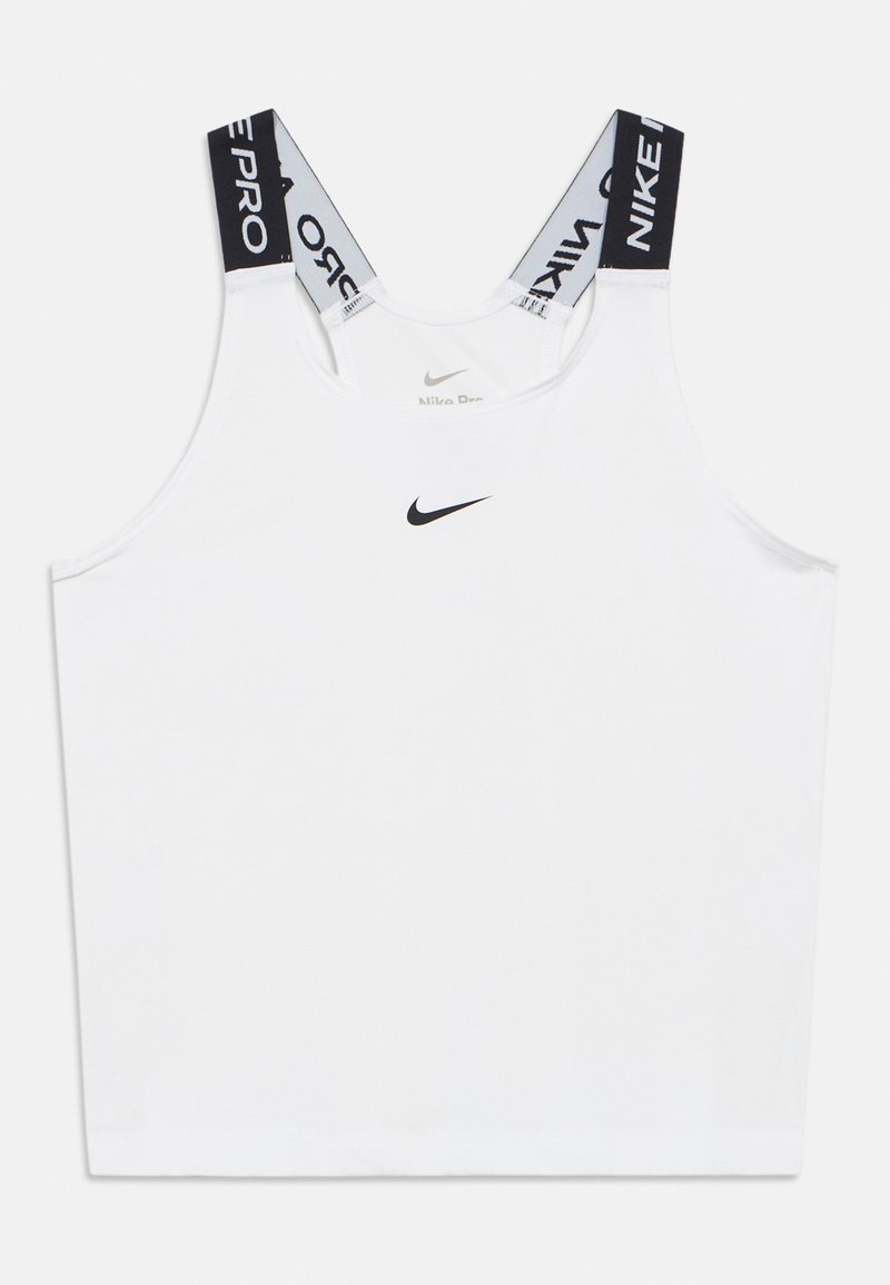 Débardeur Nike Pro blanc avec logo noir. Présente des bretelles larges avec le texte « NIKE PRO », un col arrondi et une texture de tissu lisse.