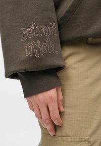 Felpa marrone con polsini a coste che mostrano il testo ricamato in rosa "Detroit Mich." È visibile una texture di tessuto chiaro.