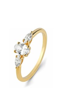 Goldring mit drei birnenförmigen, klaren Steinen, wobei zwei kleinere Steine einen größeren zentralen Stein flankieren, alle in Krappen gefasst.