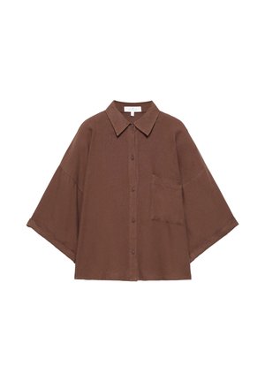 Brown oversized button-up shirt with wide 3/4 sleeves, pointed collar, and single chest pocket.