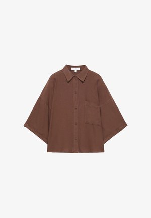 Brown oversized button-up shirt with wide 3/4 sleeves, pointed collar, and single chest pocket.