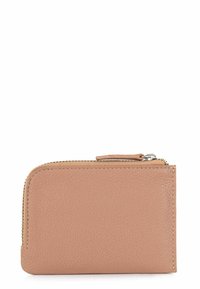 Leather wallet in soft tan with a zip closure, rectangular shape, textured surface, and visible stitching along the edges.
