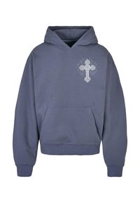 Donkere blauwe hoodie met een voorzak en een grafisch ontwerp van een decoratieve kruis op de linkerborst met stralende lijnen.