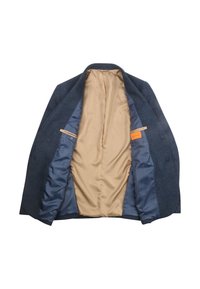 Navy blazer van textiel met een gestructureerde buitenstof, een enkelvoudige sluiting en een gladde beige voering. Beschikt over zijzakken en een oranje label op de voering.