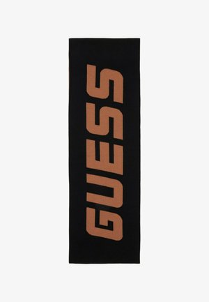 Schwarzer Schal mit großem, kräftigem "GUESS"-Logo in Beige. Hergestellt aus weichem Material mit glatter Textur. Rechteckige Form.