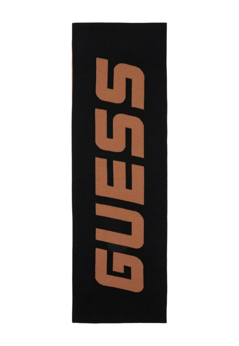 Écharpe noire arborant un grand logo "GUESS" audacieux de couleur beige. Fabriquée en matériau doux avec une texture lisse. Forme rectangulaire.