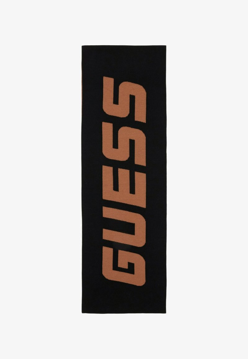 Écharpe noire arborant un grand logo "GUESS" audacieux de couleur beige. Fabriquée en matériau doux avec une texture lisse. Forme rectangulaire.