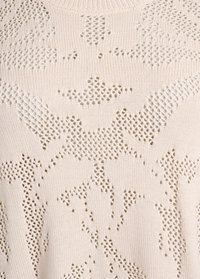 Pull en maille de beige doux avec un motif ajouré texturé présentant des motifs floraux et un col côtelé.