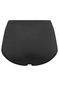 Black high-waisted underwear made of smooth fabric. Features a seamless design with a soft waistband and rounded back shape.
