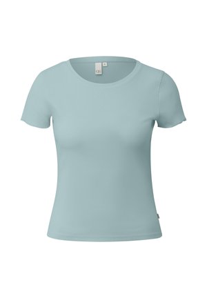 Jasnoniebieska dopasowana koszulka z krótkim rękawem i okrągłym dekoltem, mała metka z rozmiarem widoczna wewnątrz kołnierza.