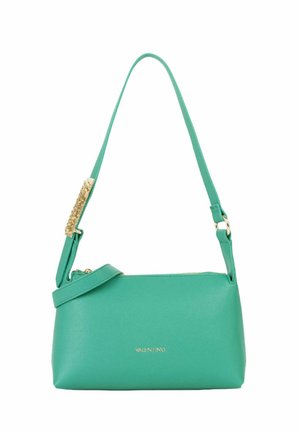 Petit sac bandoulière turquoise avec détail chaîne dorée et logo Valentino embossé en or au centre devant.