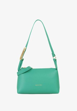 Petit sac bandoulière turquoise avec détail chaîne dorée et logo Valentino embossé en or au centre devant.