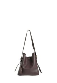 Sac en cuir brun foncé en forme de seau avec une seule bandoulière et un détail en frange sur le côté.