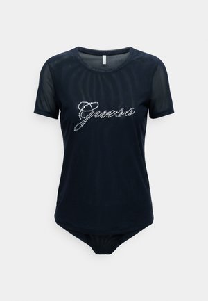 Námořnická modrá body s krátkými, průhlednými rukávy, se zářivě vybroušeným logem "Guess" na přední straně. Hladká, elastická látka.