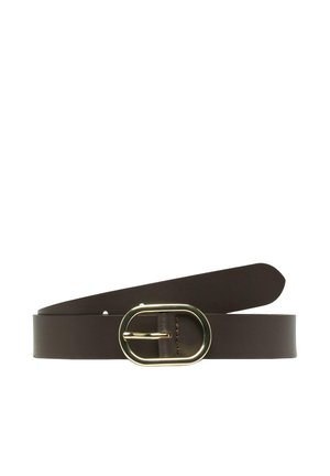 Dark brown leather belt with a rounded gold metal buckle, laid flat with one end slightly lifted.