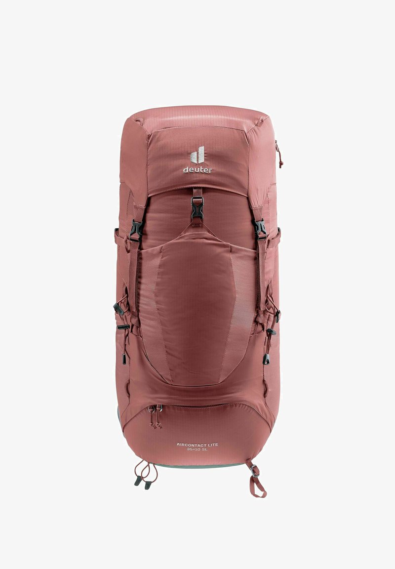 Deuter Aircontact Lite backpack in muted rose, featuring a sleek design, textured fabric, adjustable straps, and multiple buckles for customization.