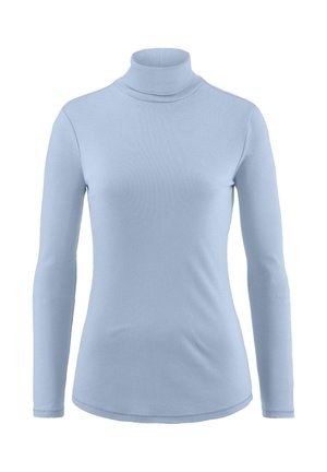 Helles blaues Langarm-Turtleneck-Oberteil aus weichem Stoff, mit einer figurschmeichelnden Silhouette und glatter Textur sowie einem abgerundeten Saum.