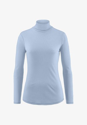 Maglione a maniche lunghe color azzurro chiaro, realizzato in tessuto morbido, con una silhouette aderente e una superficie liscia, dotato di un orlo arrotondato.