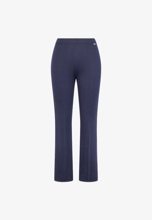 Pantalones acampanados de color azul marino con una tela suave y elástica. Presentan una cinturilla plana y un acento metálico minimalista para los detalles.