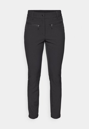 Černé kalhoty vyrobené z hladkého, elastického materiálu. Mají slim fit, přední kapsy na zip a standartní pas s knoflíkovým zapínáním.