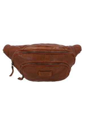 Bruine leren heuptas met een gladde textuur, voorzien van een centrale ritscompartiment en een kleinere voorste ritszak. Eenvoudig ontwerp.