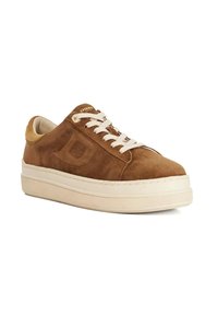 Brown suede sneaker with lace-up closure, beige sole, raised platform, textured rubber outsole, and subtle logo detail on the side.
