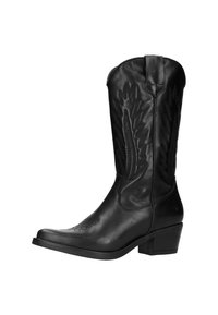 Stivale da cowboy in pelle nera con cuciture decorative, punta affusolata e tacco robusto. Presenta motivi intricati sulla gamba.